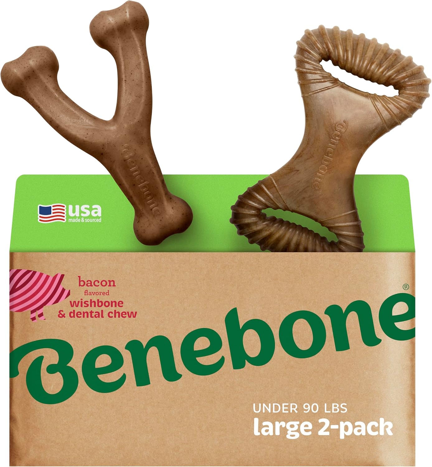 Benebone 2-Pack Wishbone/Dental Durable Dog Chew Toys, Real Bacon, Large