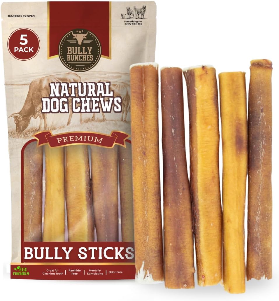 Bully Bunches Premium (6" Thick - 5 Pack) Odour-Free Bully Sticks for Small & Medium Dogs - Consistently Sized, Long Lasting Chews for Oral Care - All Natural & Single Ingredient, 100% Beef Dog Treat
